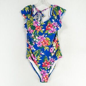 Kona Sol Swimsuit Womens Sz 18W Blue Floral Off Shoulder Removable Halter Strap